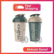 VELOMIX -2 Pack- 20 oz Protein Shaker Bottles for Protein Mixes - 2x Wire Whisk 