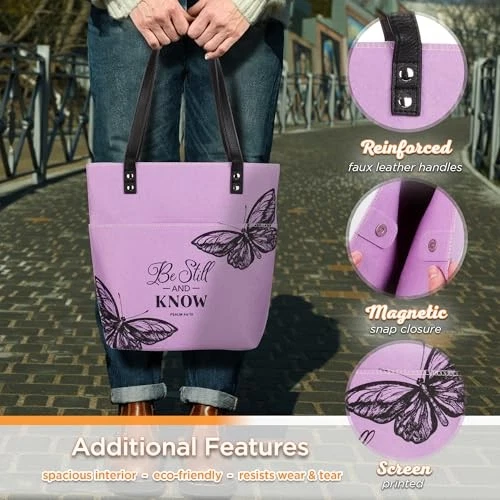 Purple Butterfly Bible Tote Bag Be Still Scripture Carrier For Women - Image 3 of 4