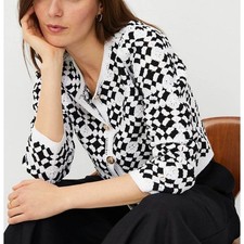 Ann Taylor Crochet Cardigan Sweater Black White Gold Geometric Granny Square L