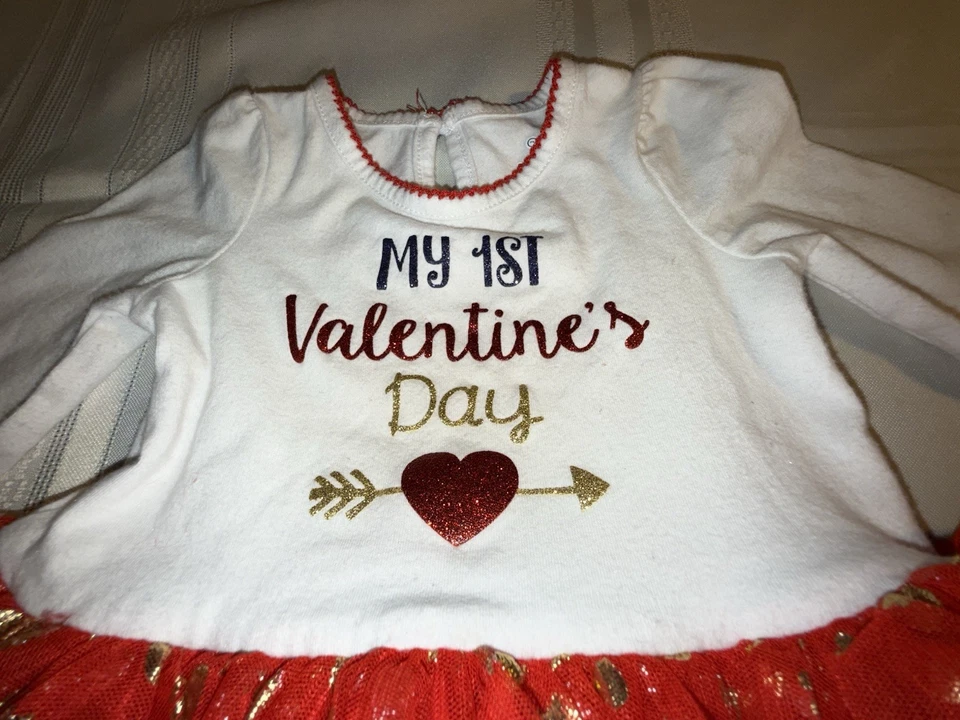 Koala My First Valentines Dress 6-9 M Baby Girl Red Tutu golden Hearts White Top - Image 3 of 4