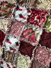 Christmas Rag Quilt Throw 42  X 42 Appx Cotton Back Trucks Peppermints Reindeer