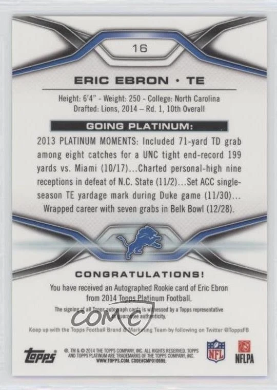 2014 Topps Platinum Auto Rookie Refractor Purple /25 Eric Ebron #16 Auto RC - Image 2 of 2