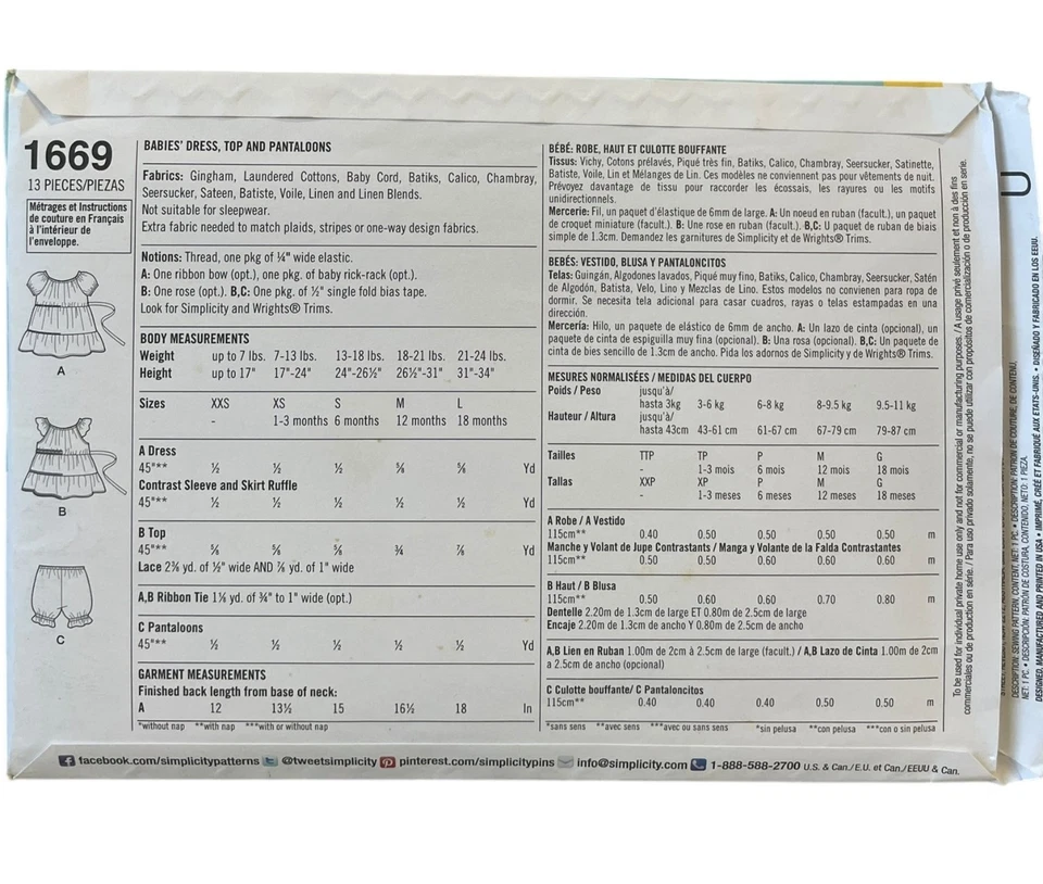 Simplicity 1669 Babies Dress Top Pantaloons Sewing Pattern XXS-L UNCUT FF - Image 2 of 2