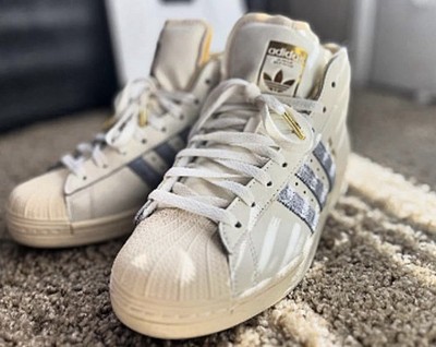 Adidas Pro Model High-Top Sneakers White/Off-White Blue Leather Stripes Men s 9