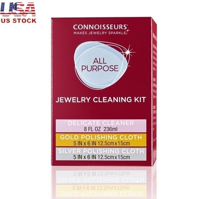 Jewelry Cleaning Kit Ammonia-Free Solution Polishing Cloths Dip Tray Brush New