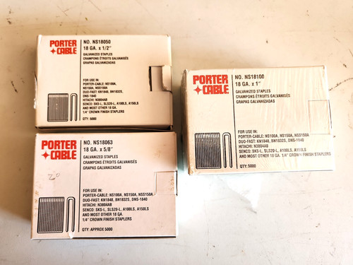 Porter Cable 18-Gauge Staples NS18050 1/2", NS18063 5/8", NS18100 1" (new) Lot