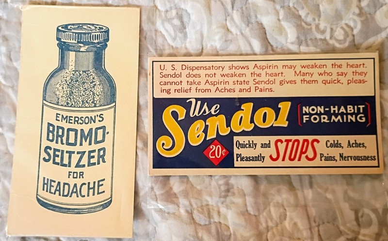 Two 1940s Rx INK BLOTTERS..."BROMO SELTZER" & "SENDOL"....NICE!