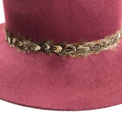 LUCKY BRAND Autumn 100% Wool Fedora Hat OS Feather Band Cranberry Red Boho LUCKY BRAND Wool Fedora Hat OS Feather Band Cranberry Red  main image 4