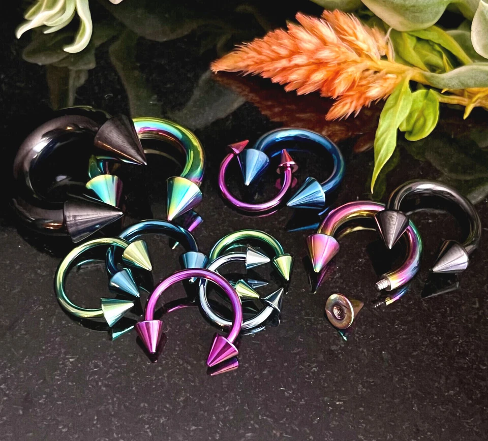 PAIR Titanium Spiked Circular Barbells Horseshoe Septum, Eyebrow, Nipple Rings - Image 2 of 4