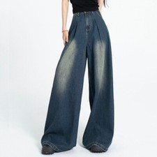 Lady Denim Pants Slim Waist Wide Leg Long Baggy Jeans Trousers Retro Casual Blue