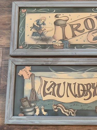 2 Holz gerahmt Wäscheeisen Bilder Drucke Bauernhaus Landdekor 22"" L x 10"" T - Bild 4 von 9