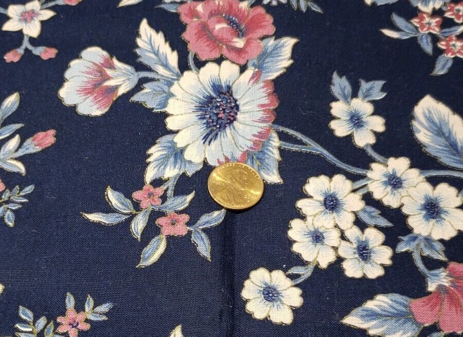 Vintage Joan Kessler Fabric 2 Yards + 4" Concord Fabrics Blue Floral Pinks - Image 4 of 4