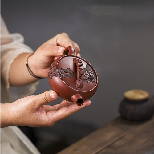 120ml Hanwa pot big opening handmade carved real yixing zisha dragon blood clay - Picture 5 of 8