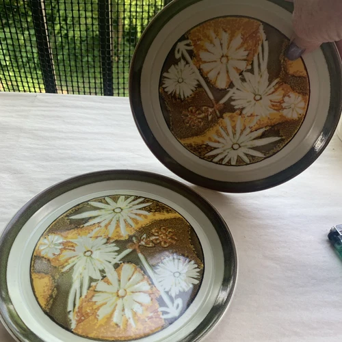 Vtg Mikasa Stoneware Abstract Floral Appetizer Plates 2~Green Bronze Gold~8