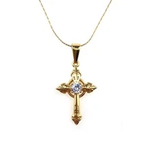 24K Yellow Gold 1 ct Created Diamond CZ Cross Stud Necklace Plated 18 Inch