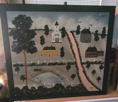 Hope Angier Folk Art Americana Painting Wall Hanging Or Fireboard 30x34 Read