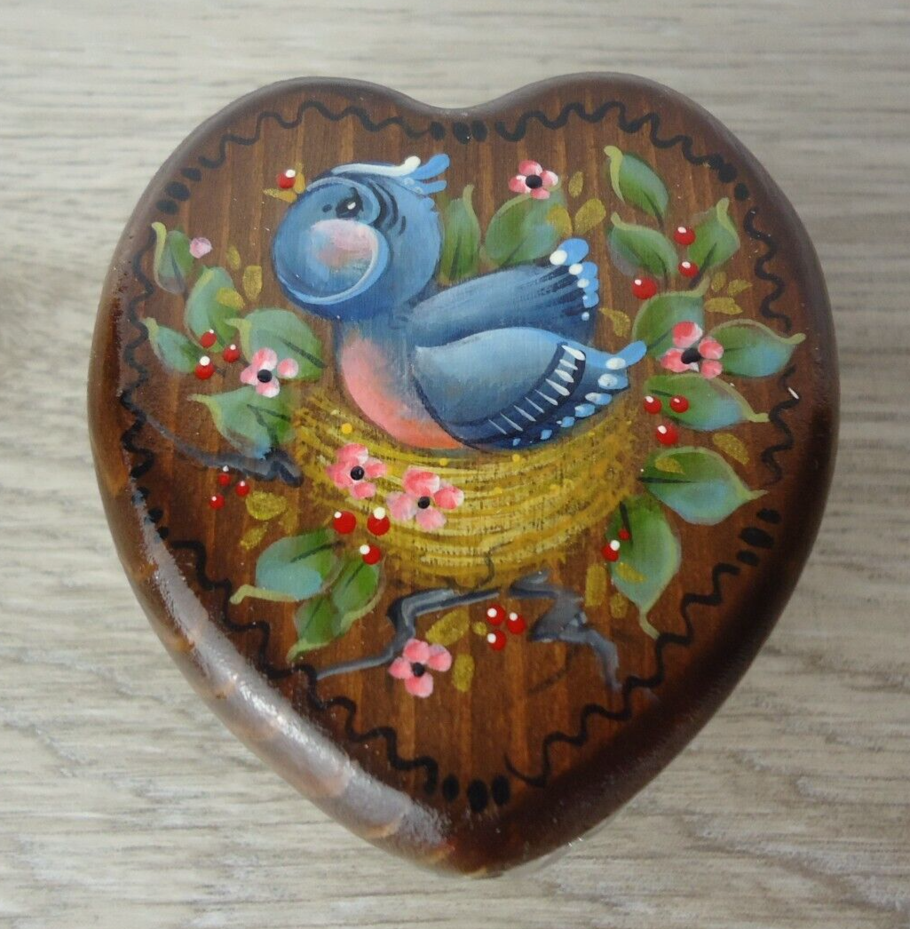 Hand Painted Blue Bird Floral Heart Trinket Box Signed B Stout Spring Art Dish