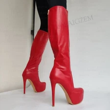 Women Knee High Boots Platform Faux Leather Back Zip Up Thin High Heels Boots