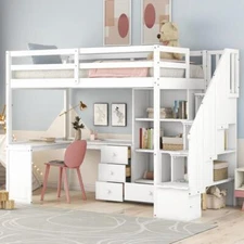 Twin Size Loft Bed with L-Shaped Desk and Drawers Cabinet and Storage Staircase