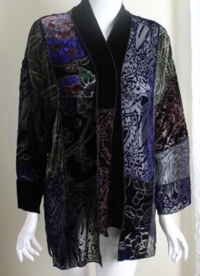 Chico's Sz 2 L Patchwork Purple Green Velvet Burnout Art-to-Wear Open Jacket