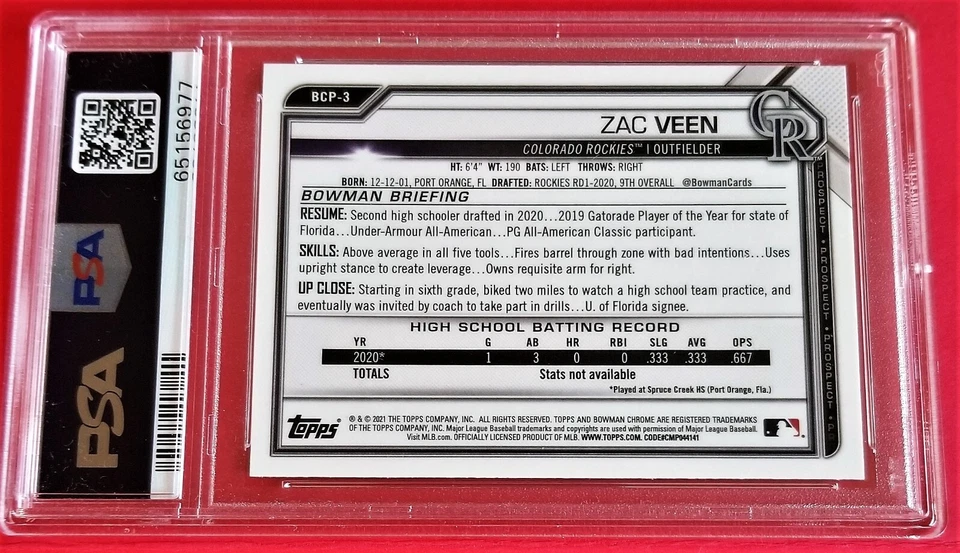 2021 Bowman Chrome #BCP3 Prospect *Zac Veen* Atomic Ref. RC PSA Gem Mt. 10 - Image 2 of 4