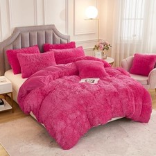 Luxury Long Faux Fur Bedding Set Shaggy Comforter Duvet Cover King Hot Pink
