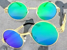 Men Classic Vintage Retro Steampunk Style SUNGLASSES Round Gold Frame Green Lens