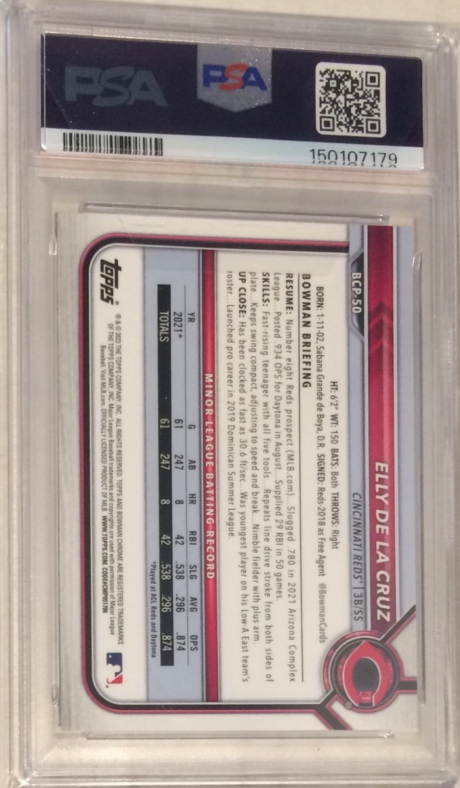 2022 Bowman Chrome PSA 10 Elly De La Cruz 1st Card Cincinnati Reds #BCP50 BCP-50 view 2