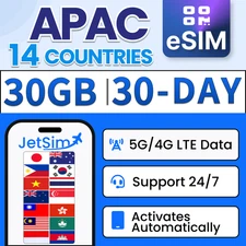 Asia-Pacific 14 Countries eSIM -30GB High-Speed, 30 Day JetSim/Travel SIM
