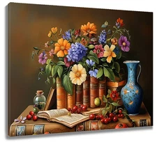 Colorful Floral on Vintage Brown Book Canvas Wall Art for Bathroom Living Room
