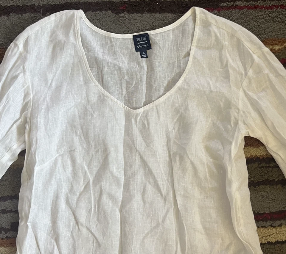 Camisa túnica manga larga Blue Saks Fifth Avenue para mujer pequeña marfil lino años 90 Foto 3 de 4