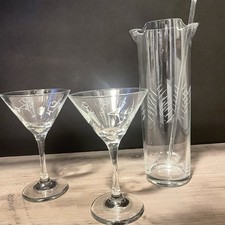 Martini Pitcher with glass stirrer two Martini Glasses Reto Vtg 60s bar wear