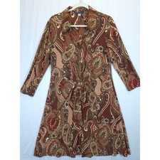 Tommy Hilfiger Paisley Shirt Dress Women 14 Brown Red Tie Waist Button Midi