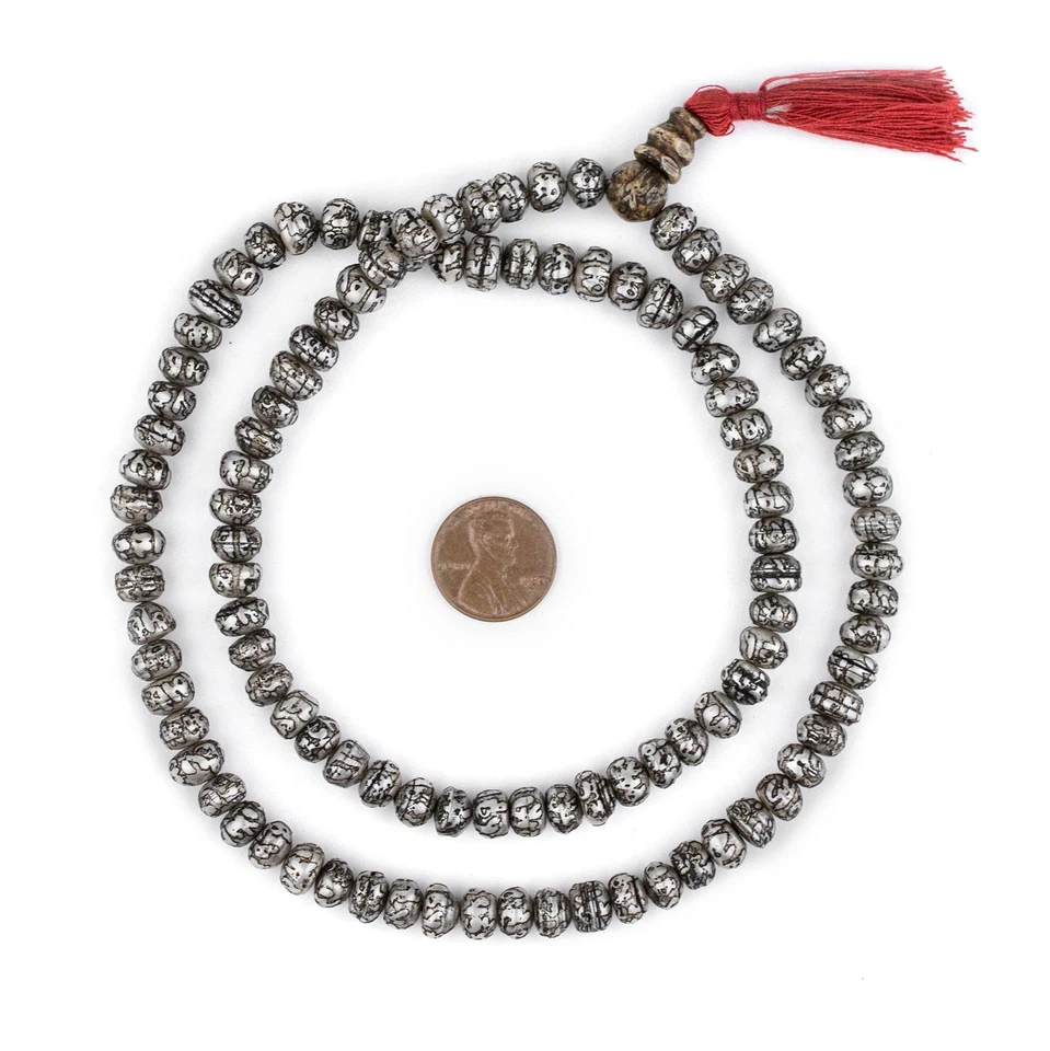 Carved Mother-of-Pearl Prayer Beads 8mm Nepal Silver Round Shell 23 Inch Strand - Image 2 of 4