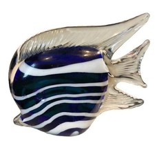 Angel Fish Art Glass 6.5" Paperweight Figurine Murano Style Blue White Striped