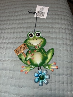 True Living Outdoors Hanging Decor Colorful Whimsical Frog Flowers  HELLO 