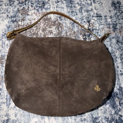 VTG RLR Brown Suede Hobo Shoulder Bag Metallic Gold Leather Trim Monogram Y2K