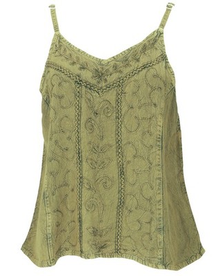 Besticktes Top Boho chic, lockeres Sommertop - olivgrün