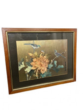 Mid Century CHINESE SILK Hand Painted COURTSHIP BIRDS Signed GOLD FRAMED Rare