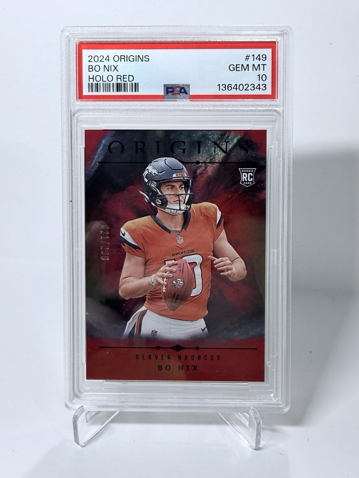 2024 Panini Origins PSA 10 Bo Nix Holo Red /299 #149 Broncos GEM MINT RC LOW POP