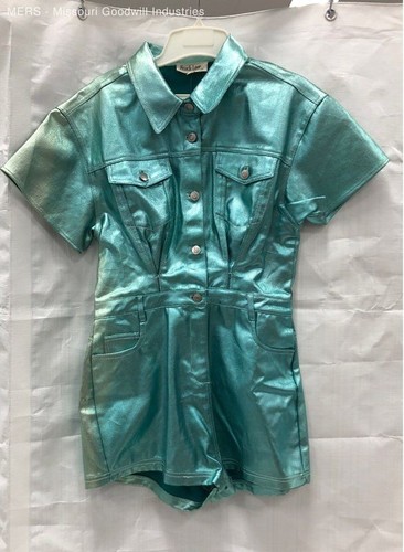 Peach Love Women's Teal About Last Night Metallic Denim Utility Romper - Size S
