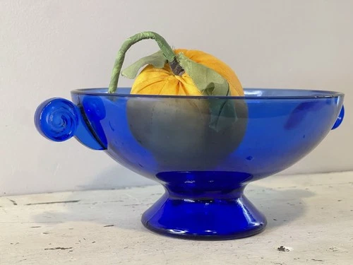 Vintage Cobalt Blue Depression Glass Footed Candy Dish Bowl Scroll Handles