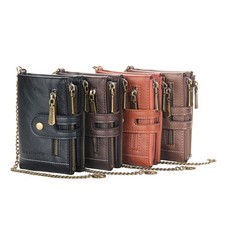 Mens Chain Wallet Leather RFID Biker Trucker Double Zip Bifold with Coin Pocket