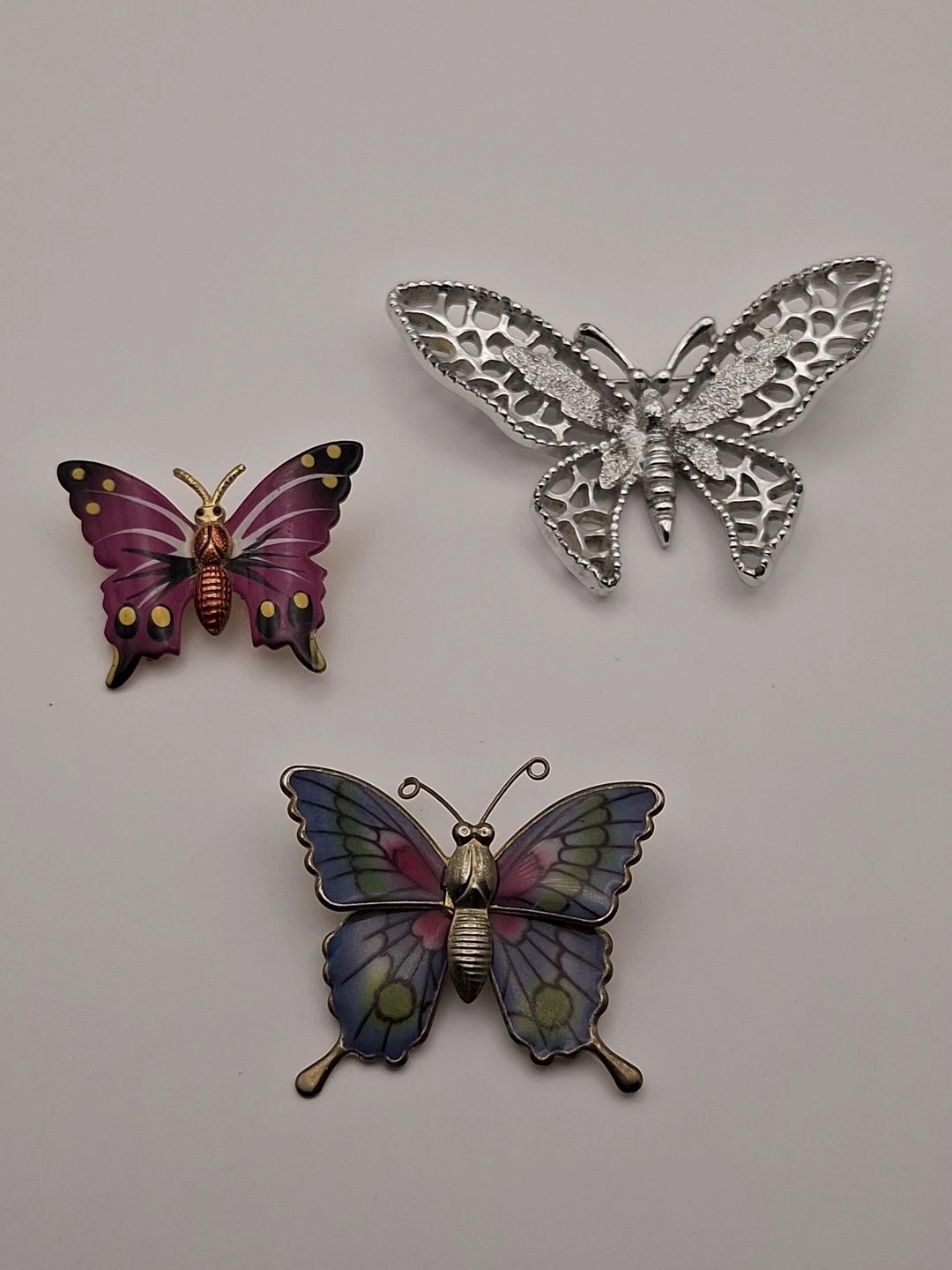 Vintage 2 Goldtone Blue Pink Green Enamel Butterfly Pin Brooch + 1 Silvertone