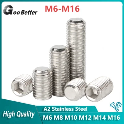 GOO BETTER M6 M8 M10 M12 M14 M16 Flat Point Grub Screws Fine Thread Socket Set A2 Stainless