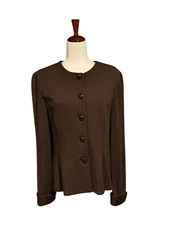 St John Collection Brown Santana Knit Leather Cuffs Button Sweater Brown Size 10