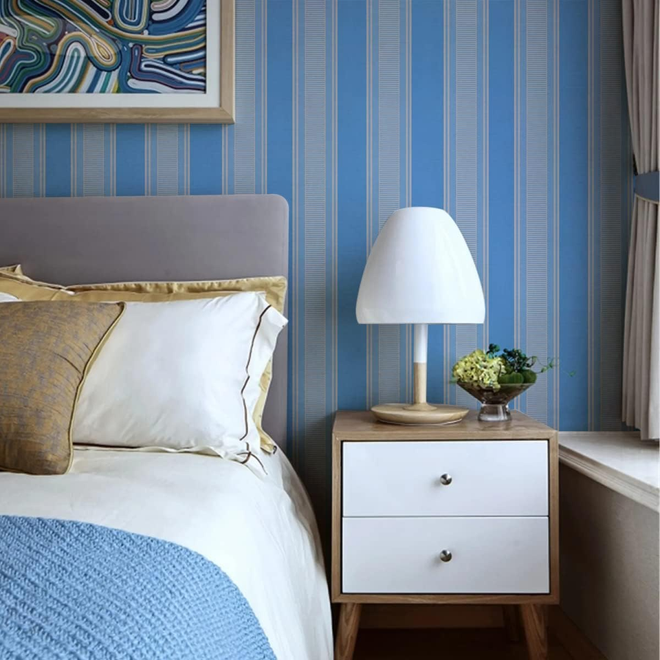 17.7" X 117" Blue and White Stripe Wallpaper Peel and Stick Contact
