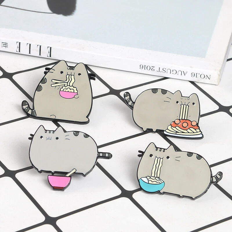 Cute Cartoon Grey Fat Fat Cat Eat Noodles Brooch Badge Lapel Enamel Pins  Gifts | Ebay