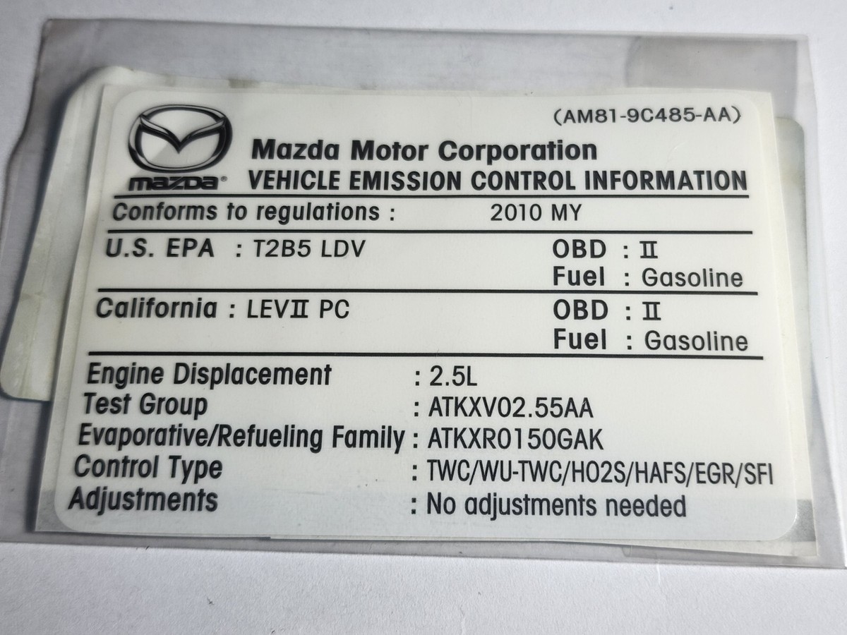OEM 2016 Mazda Mx5 Miata Grand Touring Emission Label California