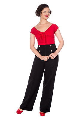 Damenhose schwarz weites Bein hohe Taille Vintage Retro Knopf BANNED Apparel